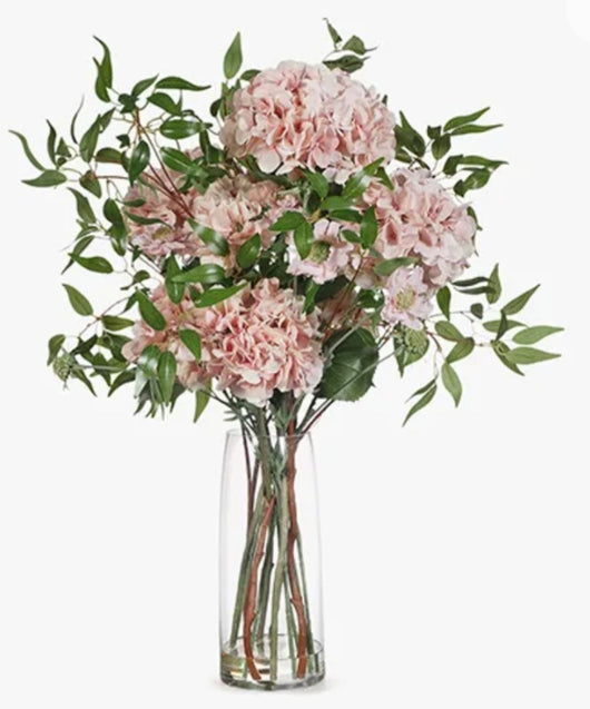 Artificial Soft Pink Hydrangea Scabiosa Mix In Glass Vase