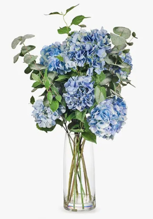 Artificial Light Blue Hydrangea Scabiosa Mix In Glass Vase
