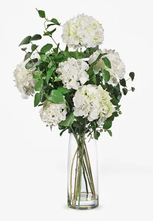 Artificial White Hydrangea Eucalyptus Mix In Glass Vase