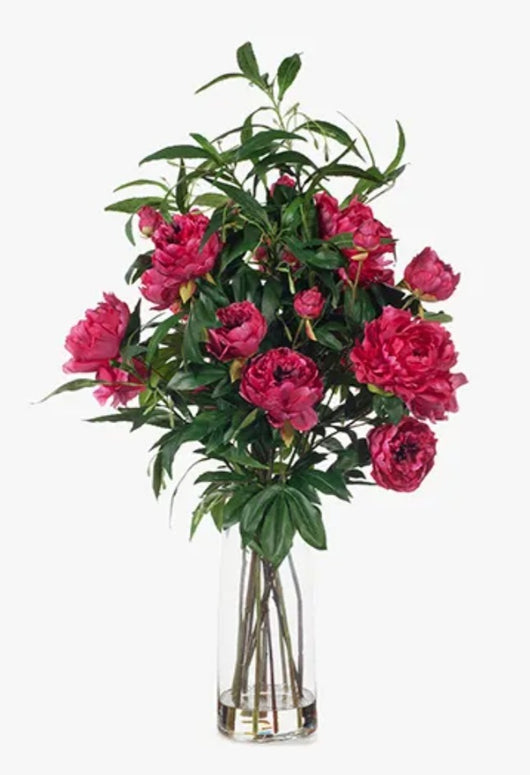 Artificial Fuschia Pink Peony Ruellia Mix In Glass Vase