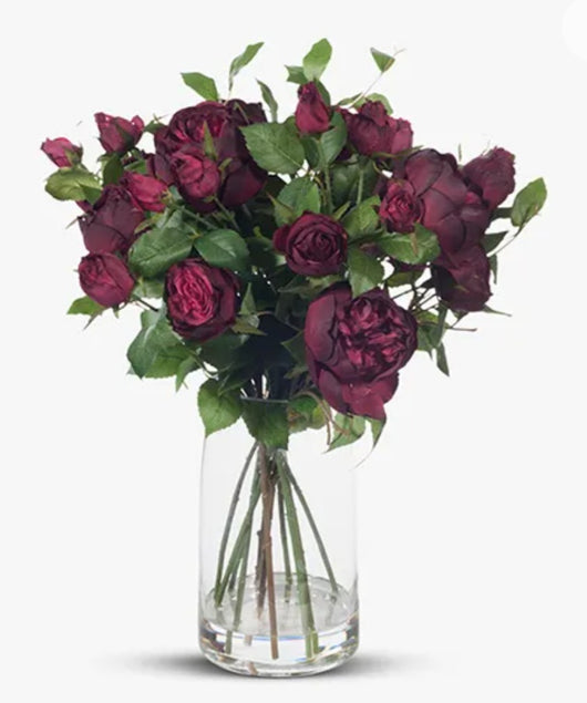 Artificial Dark Red English Rose Mix In Glass Vase