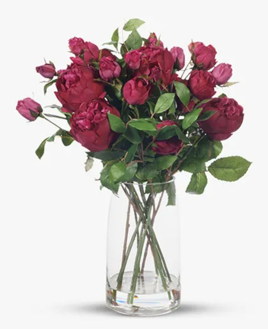 Artificial Fuschia Pink English Rose Mix In Glass Vase