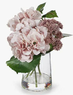 Artificial Hydrangea Sedum Mix In Glass Vase Soft Pink/Beige